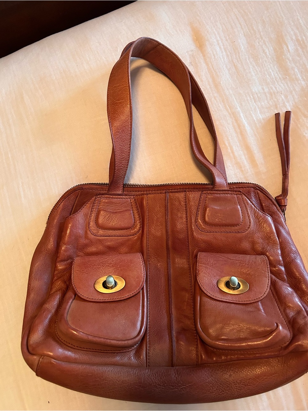 Free People Billie Bowler Bag Cognac Leather Shoulder Bag with Turn-Lock Pocke